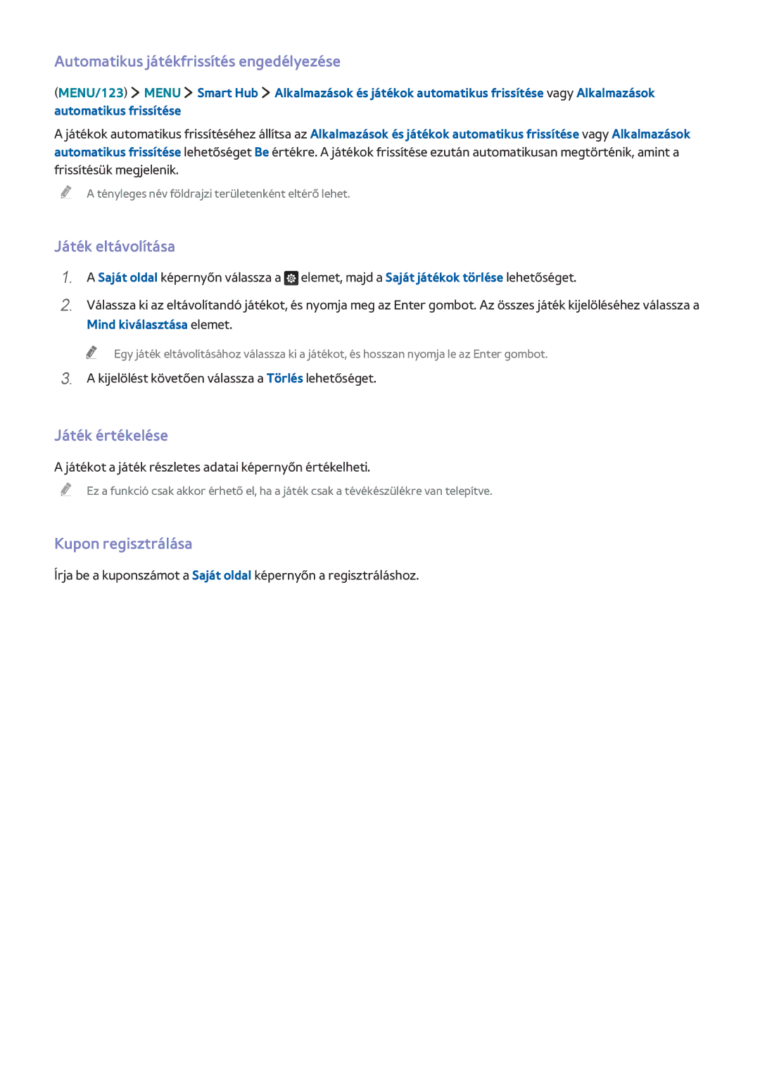 Samsung UE55JU6580UXZG Automatikus játékfrissítés engedélyezése, Játék eltávolítása, Játék értékelése, Kupon regisztrálása 