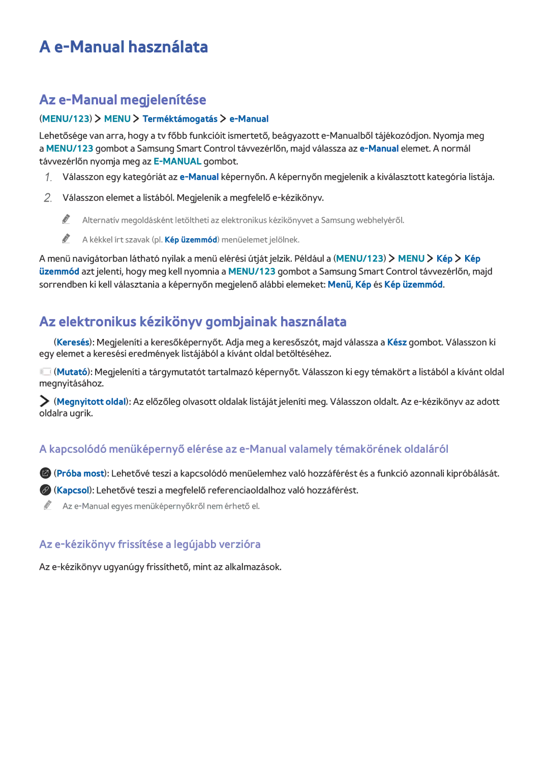 Samsung UE55JU7090TXZG manual Manual használata, Az e-Manual megjelenítése, Az elektronikus kézikönyv gombjainak használata 