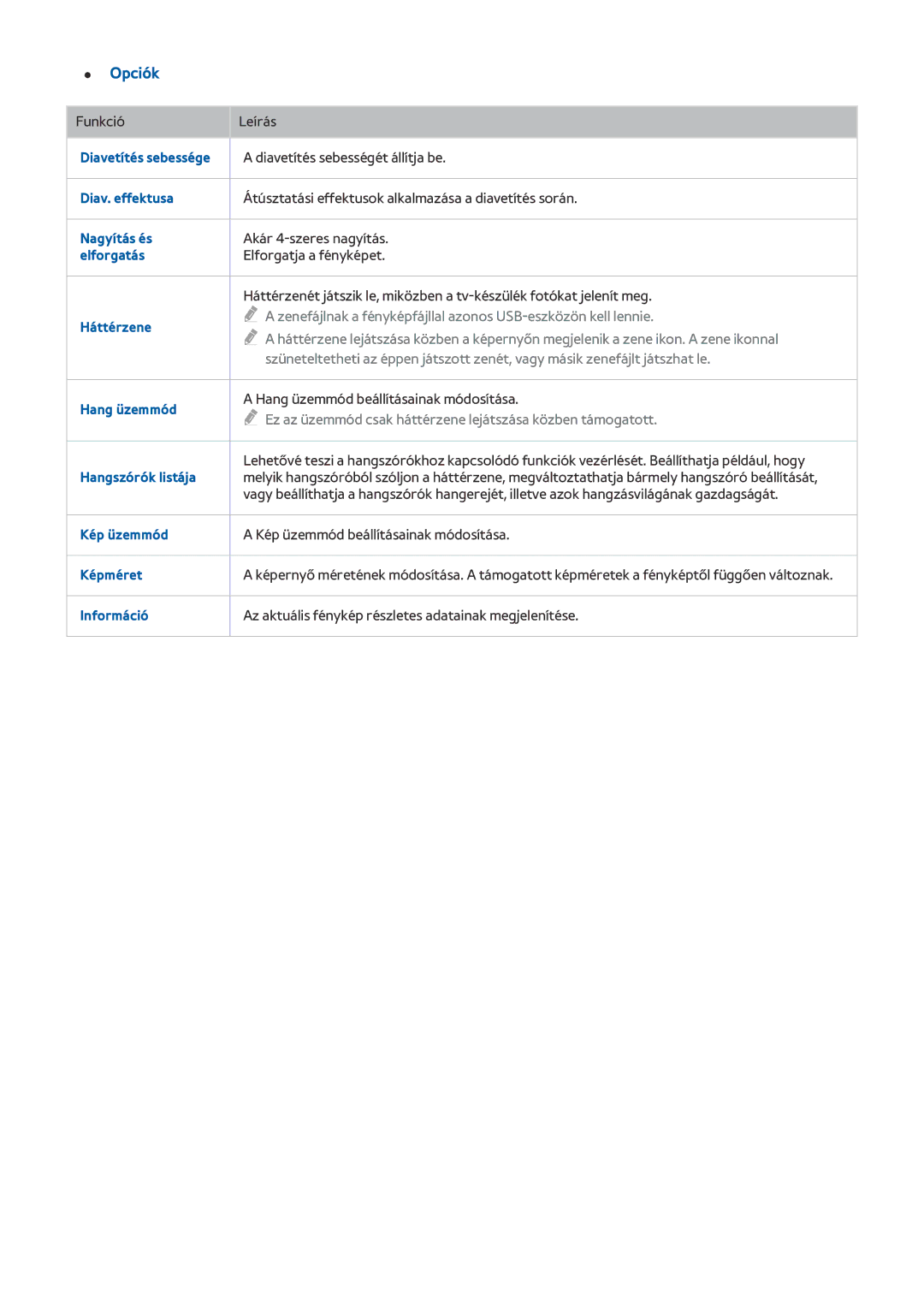 Samsung UE55JS8590TXZG manual Diavetítés sebessége, Diav. effektusa, Nagyítás és, Elforgatás, Háttérzene, Hang üzemmód 