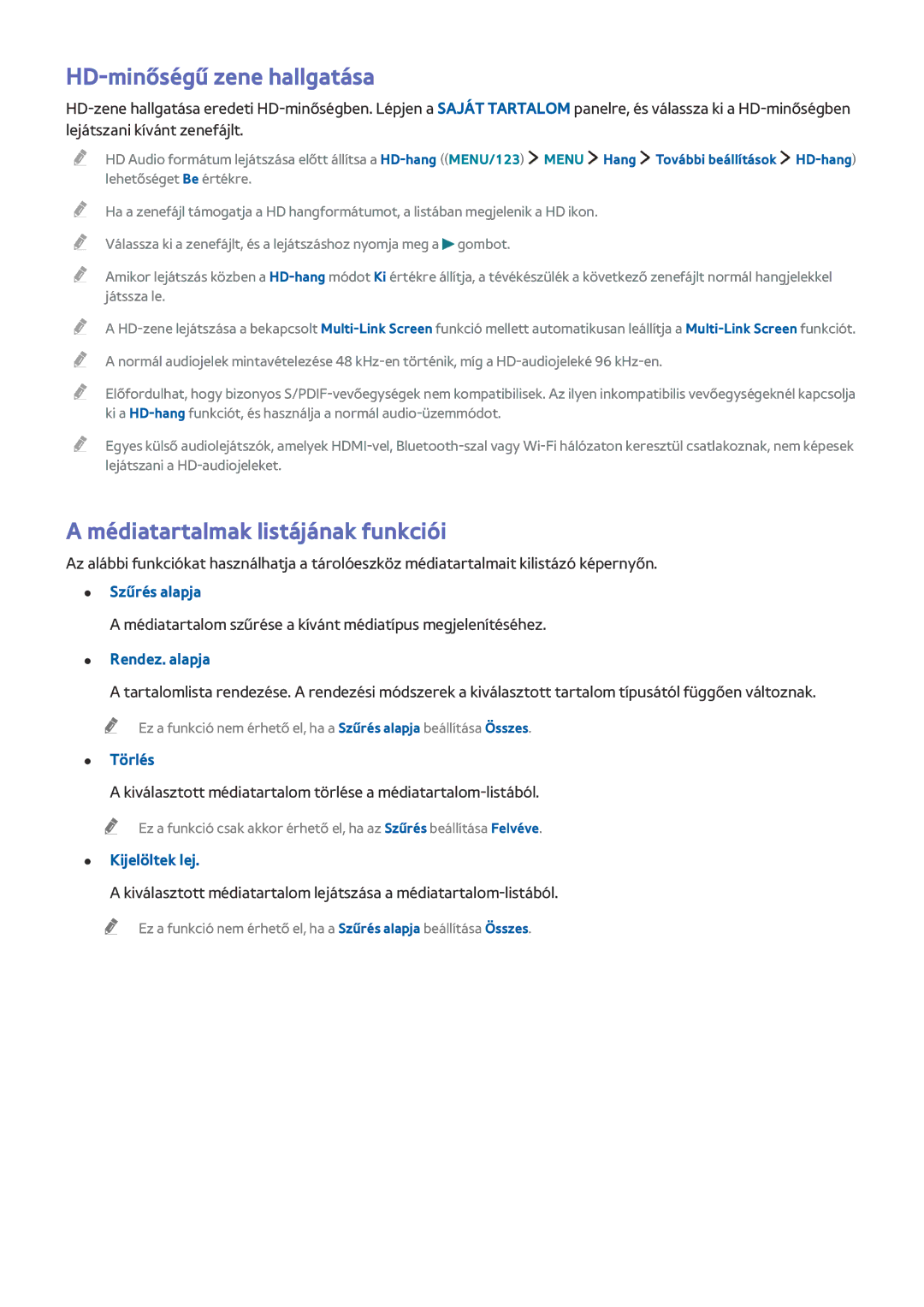 Samsung UE50JU6872UXXH, UE40JU6495UXZG, UE48JU6495UXZG manual HD-minőségű zene hallgatása, Médiatartalmak listájának funkciói 