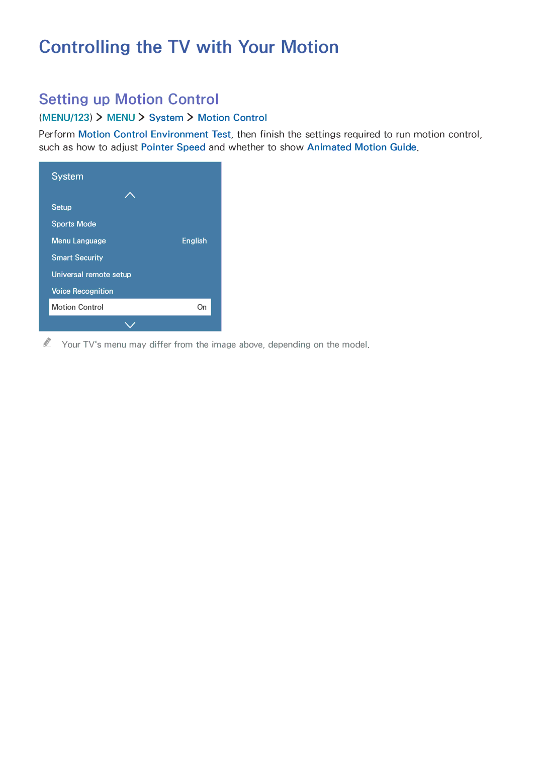 Samsung UE55JU6400WXXH Controlling the TV with Your Motion, Setting up Motion Control, MENU/123 Menu System Motion Control 