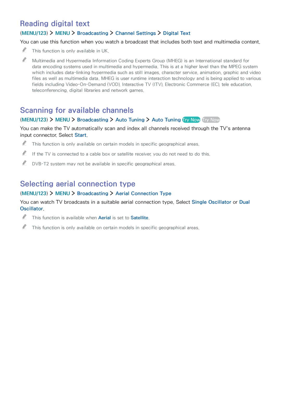 Samsung UE65JU6000WXXH manual Reading digital text, Scanning for available channels, Selecting aerial connection type 