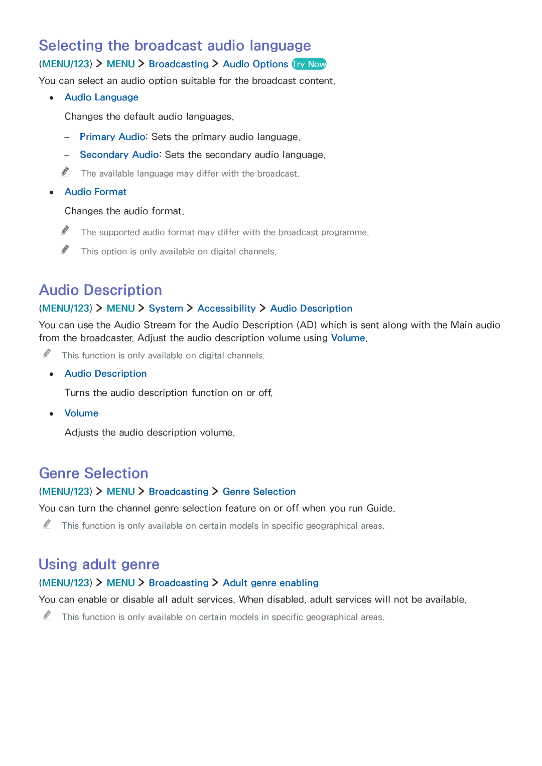 Samsung UE40JU6770UXZG manual Selecting the broadcast audio language, Audio Description, Genre Selection, Using adult genre 