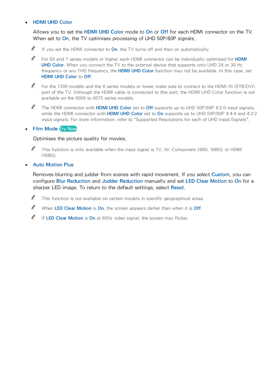 Samsung UE43JU6070UXTK manual Hdmi UHD Color, Film Mode Try Now, Optimises the picture quality for movies, Auto Motion Plus 