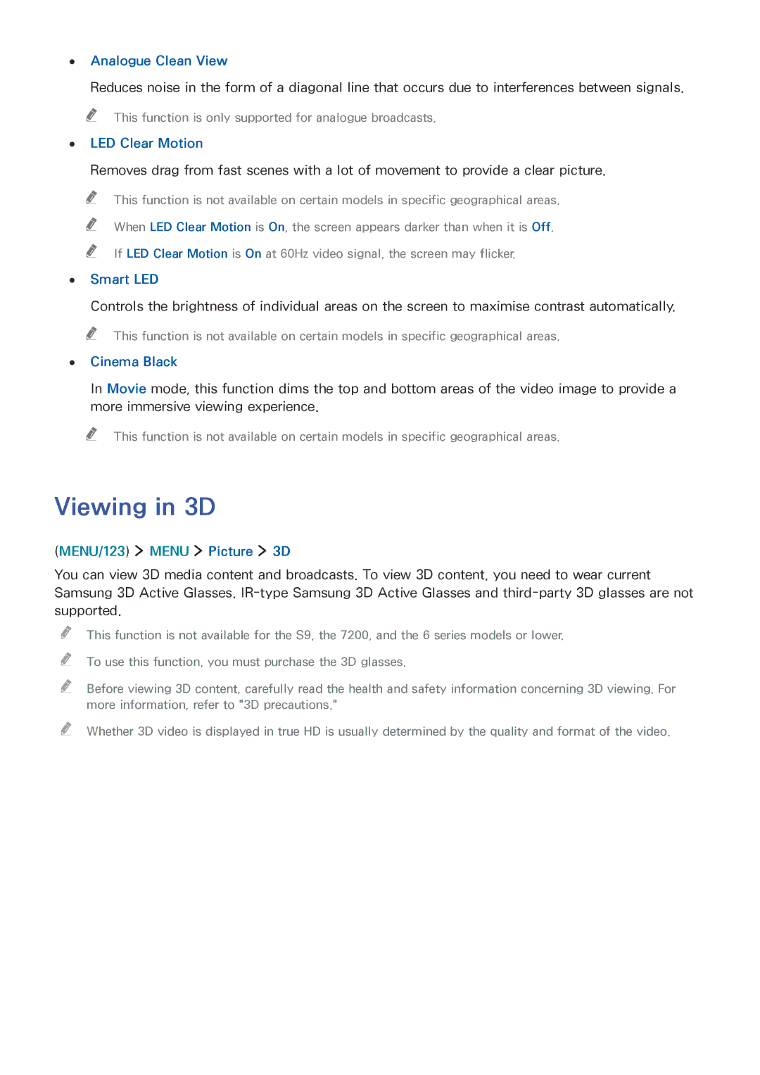 Samsung UE43JU6000WXXH, UE40JU6495UXZG manual Viewing in 3D, Analogue Clean View, LED Clear Motion, Smart LED, Cinema Black 