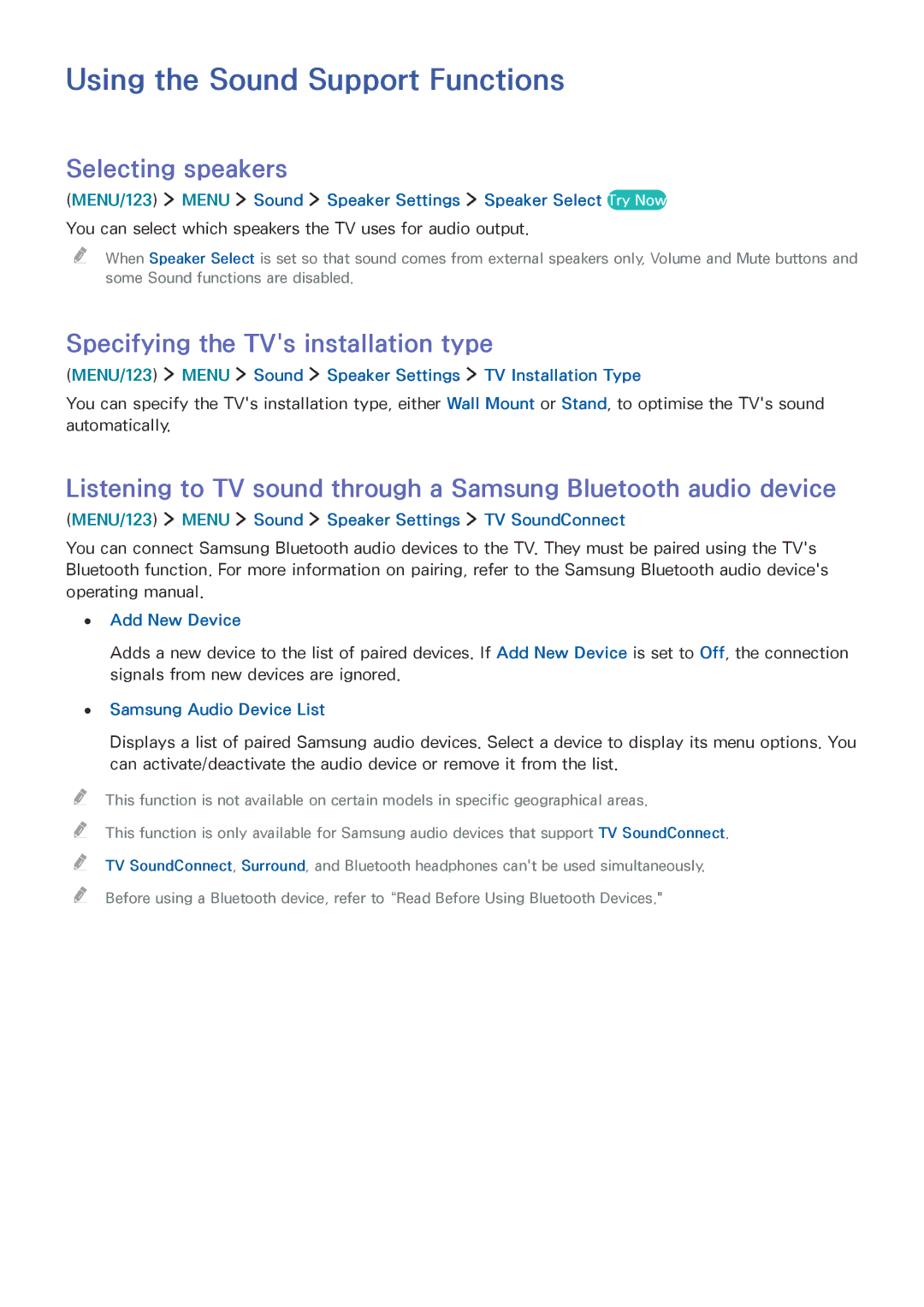 Samsung UE55JU6650SXXH manual Using the Sound Support Functions, Selecting speakers, Specifying the TVs installation type 