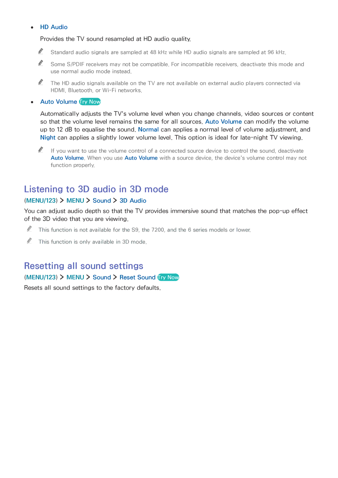 Samsung UE48JU6480UXZG, UE40JU6495UXZG, UE48JU6495UXZG manual Listening to 3D audio in 3D mode, Resetting all sound settings 