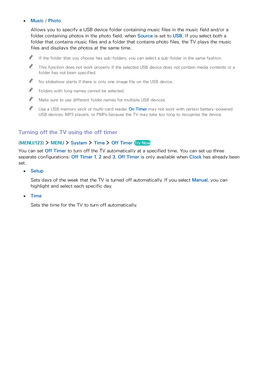 Samsung UE40JU6470UXZG Turning off the TV using the off timer, Music / Photo, MENU/123 Menu System Time Off Timer Try Now 