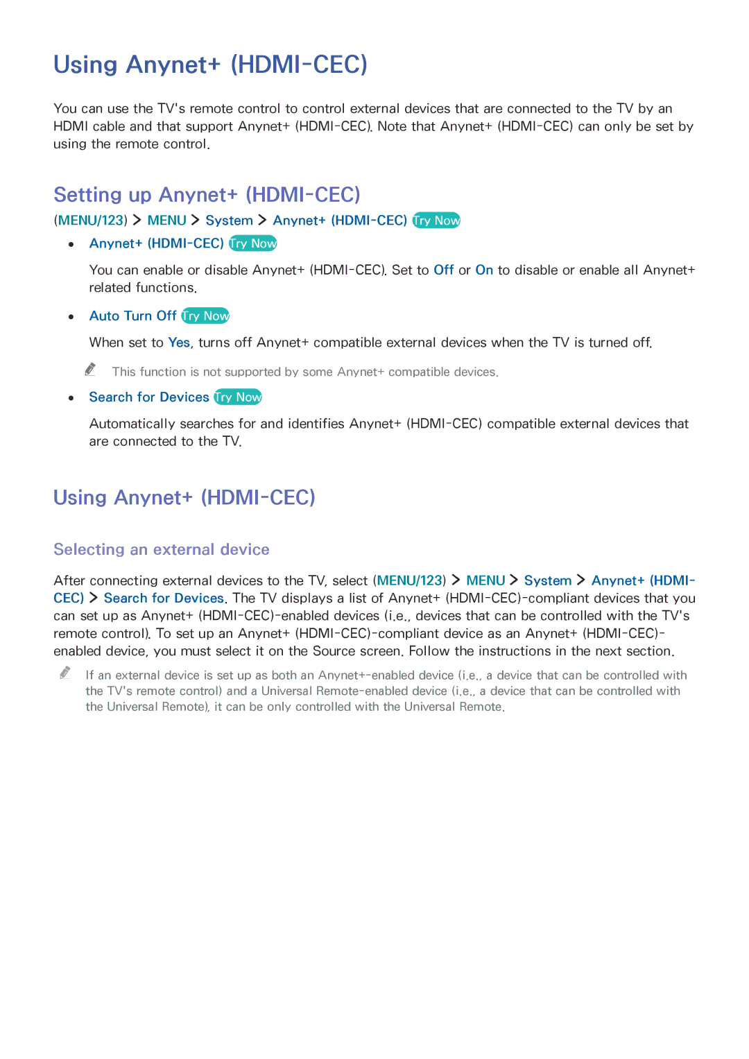 Samsung UE50JU6470UXZG, UE40JU6495UXZG Using Anynet+ HDMI-CEC, Setting up Anynet+ HDMI-CEC, Selecting an external device 