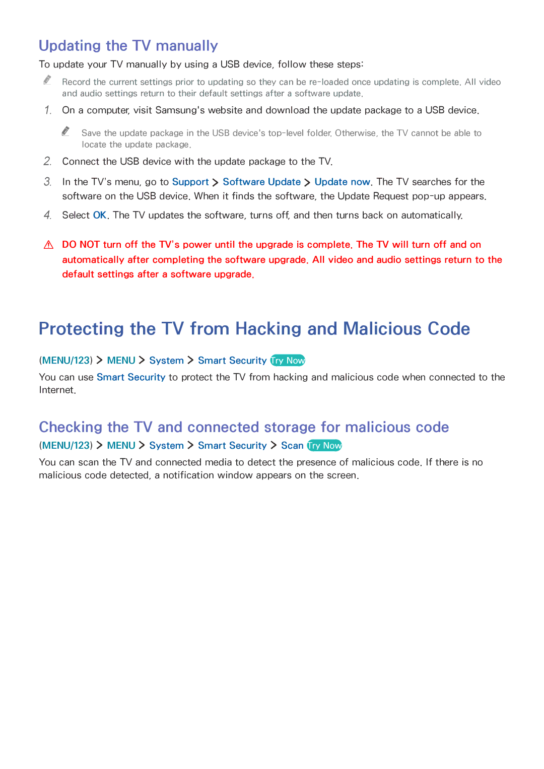 Samsung UE55JU6570UXTK, UE40JU6495UXZG Protecting the TV from Hacking and Malicious Code, Updating the TV manually 