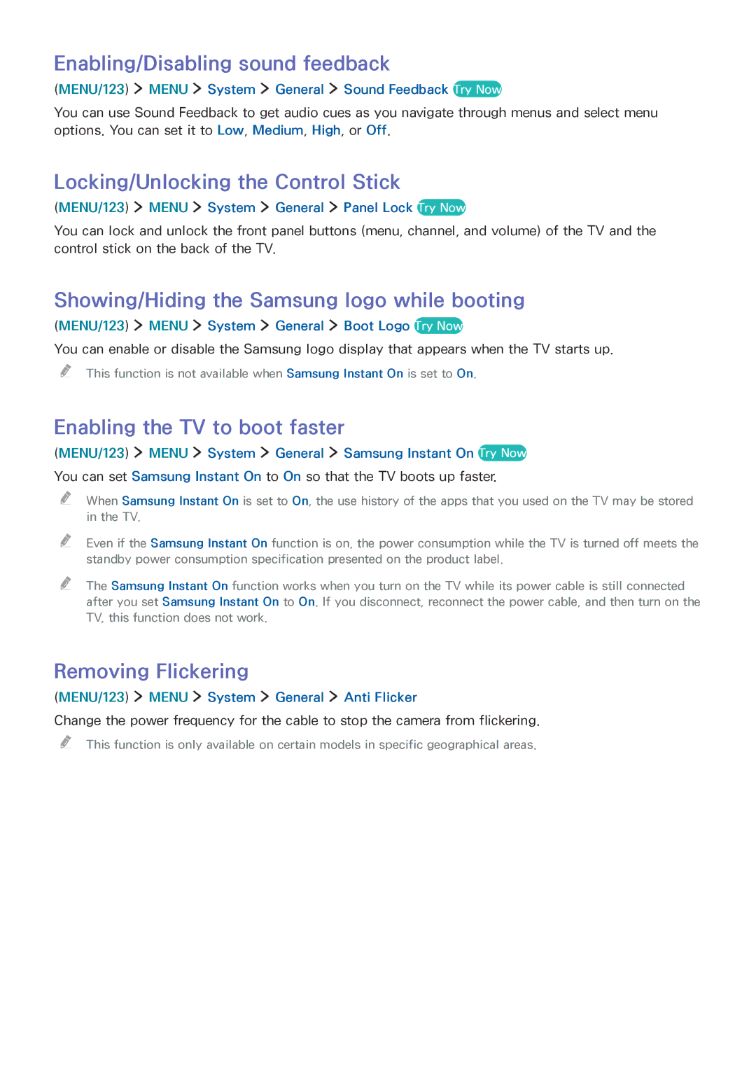 Samsung UE65JU7000LXXH manual Enabling/Disabling sound feedback, Locking/Unlocking the Control Stick, Removing Flickering 