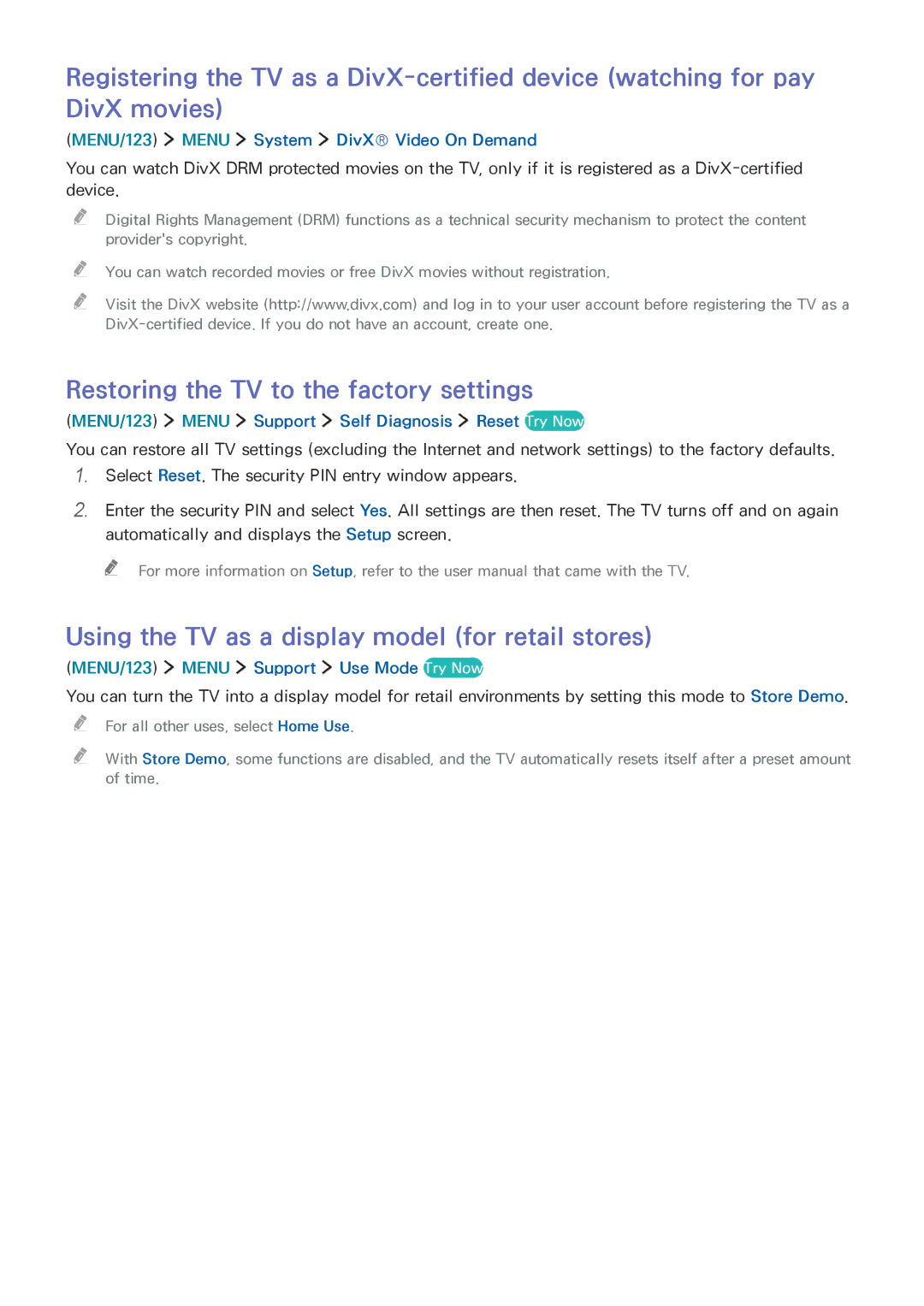 Samsung UE65JU6450UXZG manual Restoring the TV to the factory settings, Using the TV as a display model for retail stores 