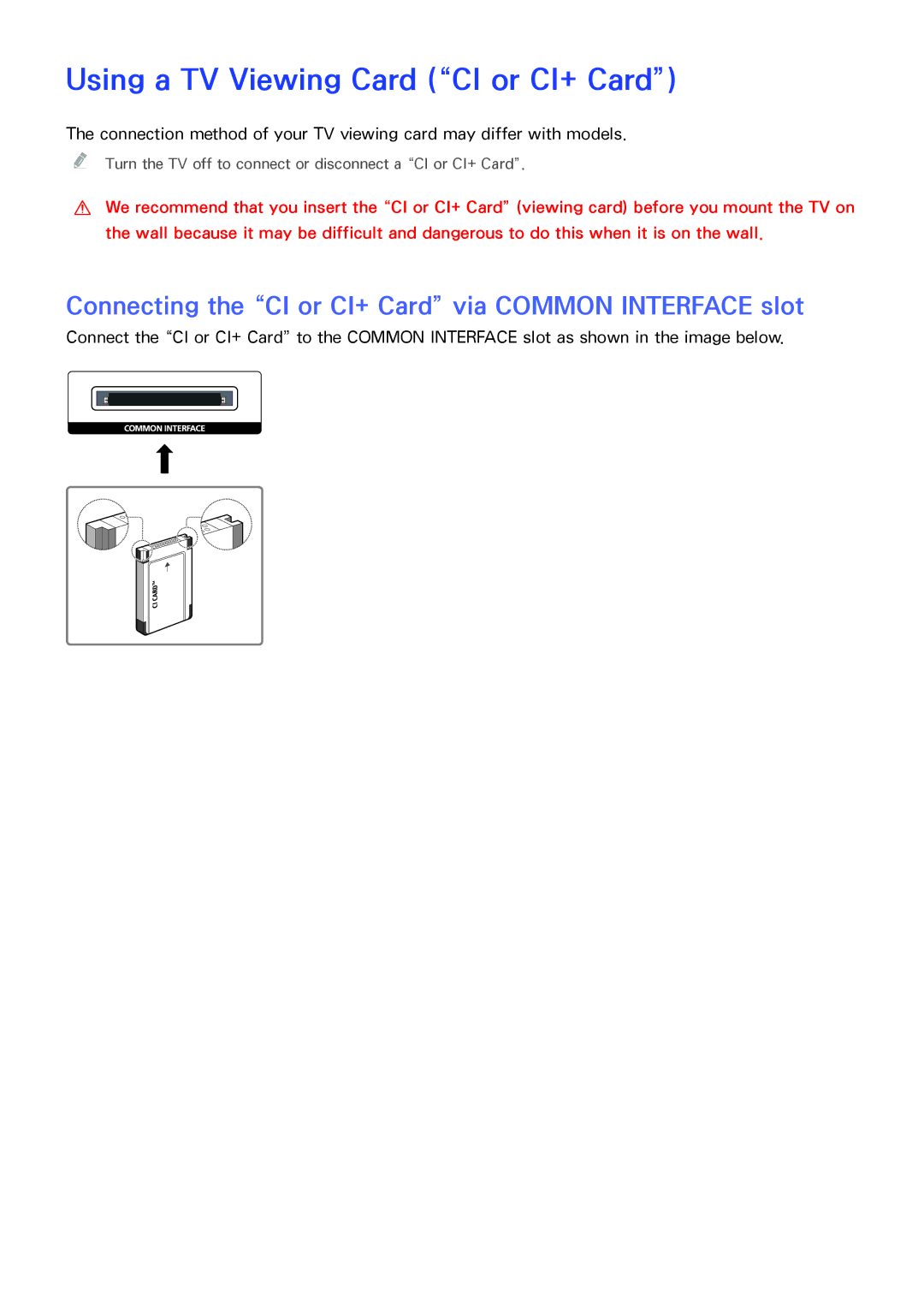 Samsung UE55J6300AWXXH Using a TV Viewing Card CI or CI+ Card, Connecting the CI or CI+ Card via Common Interface slot 