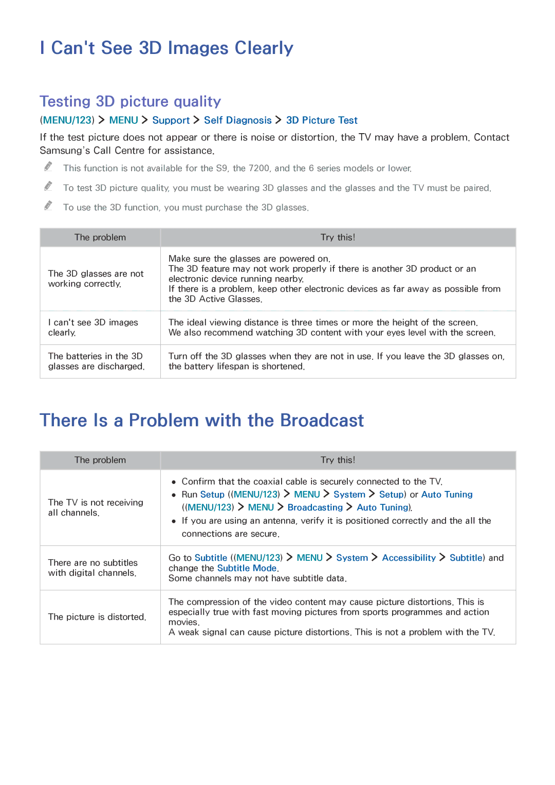 Samsung UE55JS8090TXZG manual Cant See 3D Images Clearly, There Is a Problem with the Broadcast, Testing 3D picture quality 