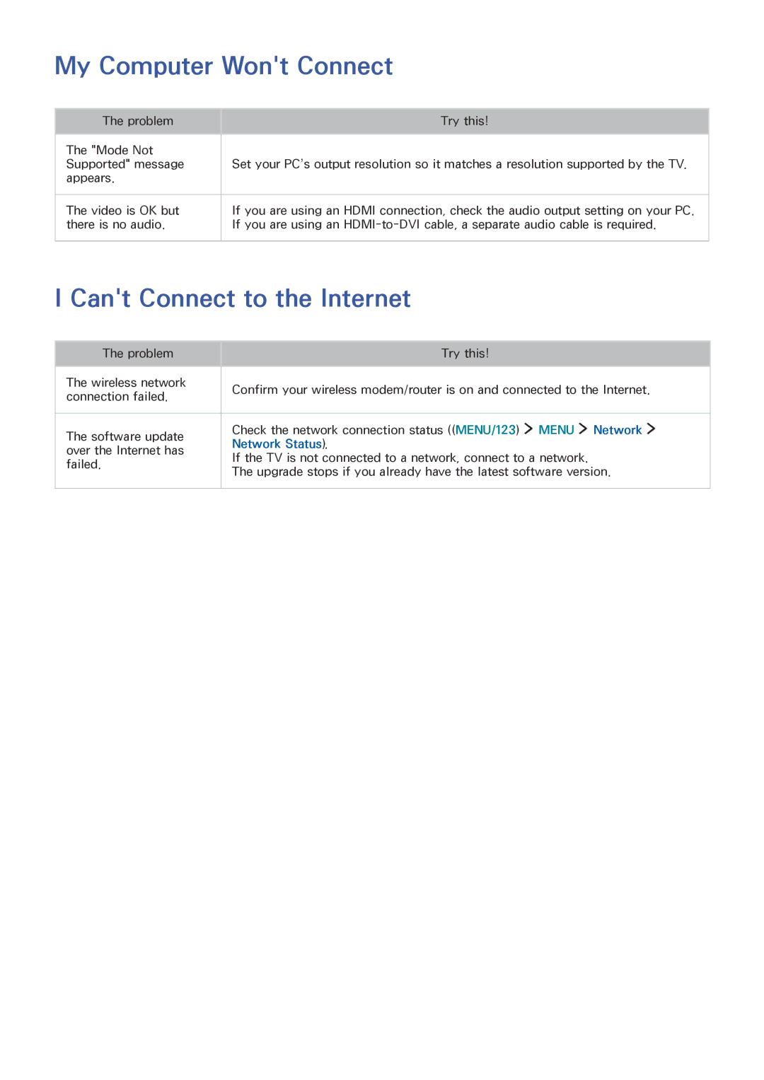 Samsung UE48JU6740SXXH, UE40S9ASXXH My Computer Wont Connect, Cant Connect to the Internet, Menu Network, Network Status 