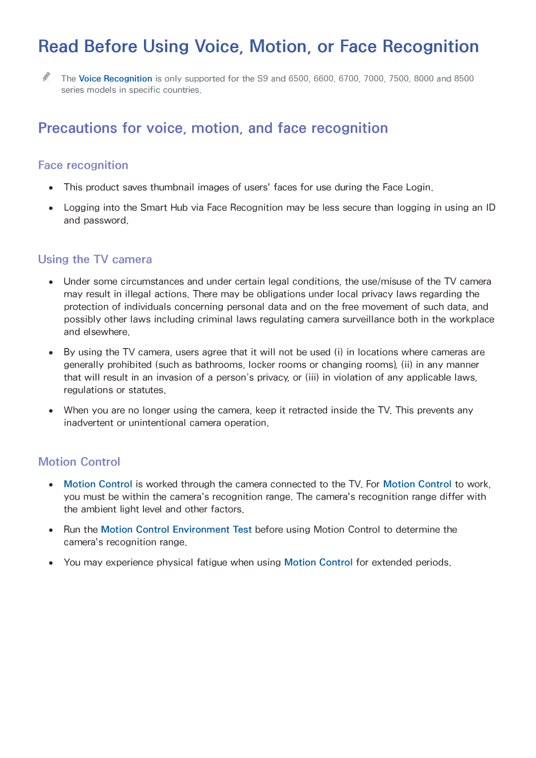 Samsung UE55JU6800KXZF manual Read Before Using Voice, Motion, or Face Recognition, Face recognition, Using the TV camera 