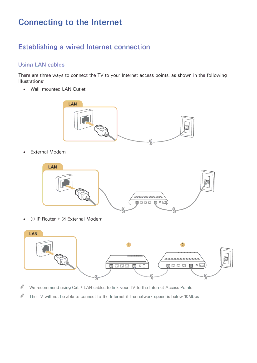 Samsung UE55JU7500TXTK, UE40S9ASXXH Connecting to the Internet, Establishing a wired Internet connection, Using LAN cables 