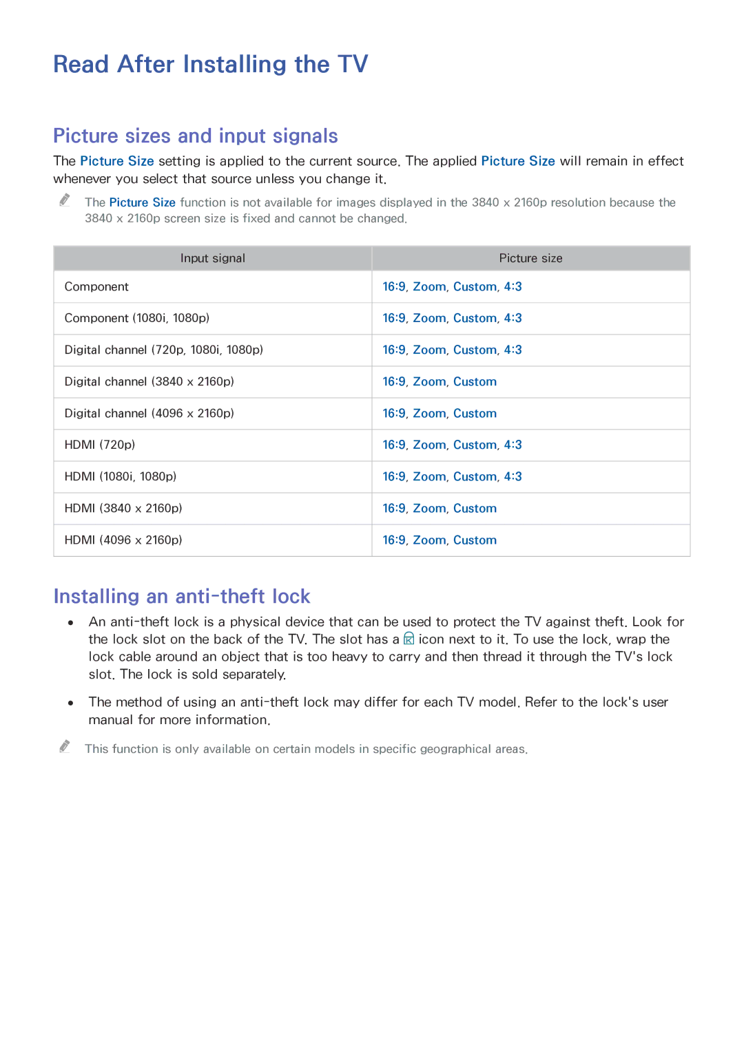 Samsung UE40JU6570UXZF manual Read After Installing the TV, Picture sizes and input signals, Installing an anti-theft lock 