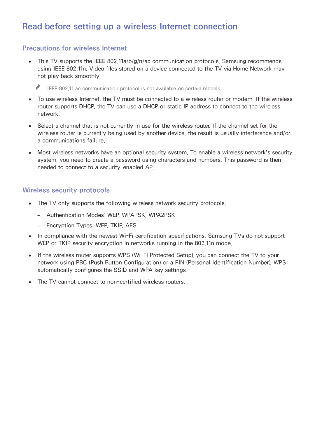 Samsung UE55JU7500TXZF manual Read before setting up a wireless Internet connection, Precautions for wireless Internet 