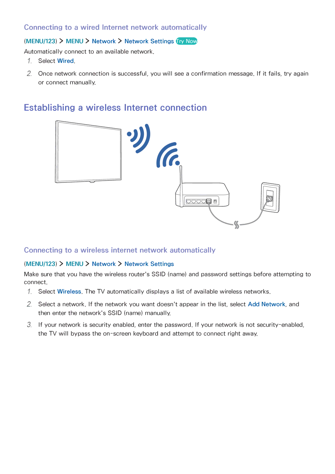 Samsung UE75JU6470UXZG Establishing a wireless Internet connection, Connecting to a wired Internet network automatically 