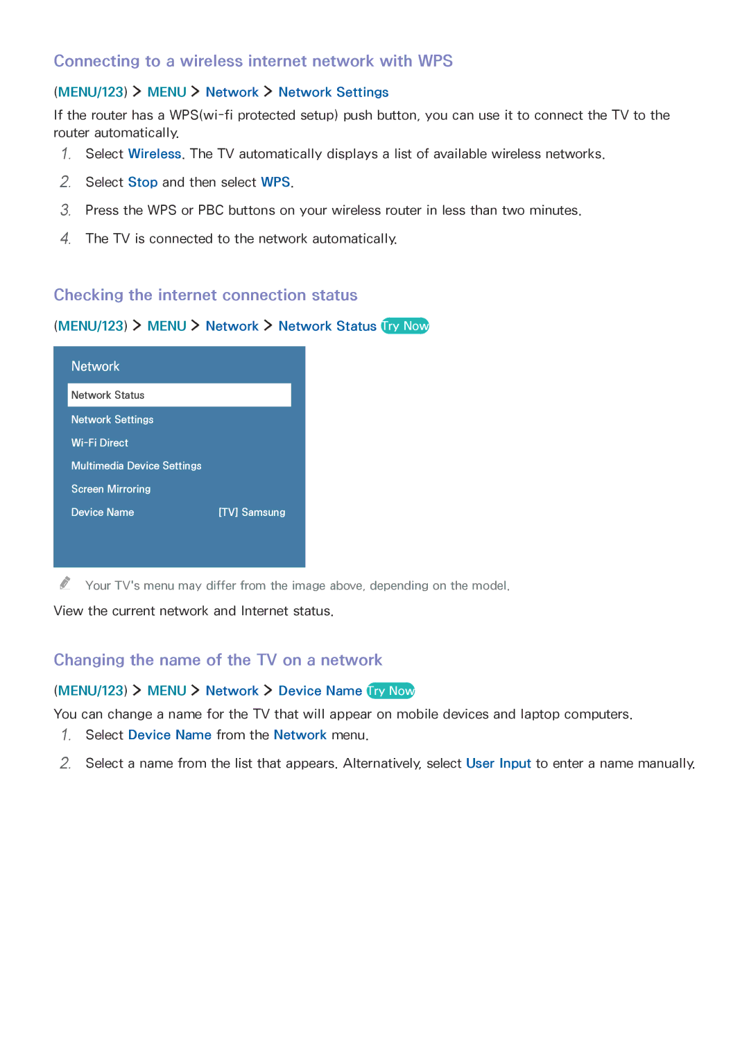 Samsung UE65JU7590TXZG manual Connecting to a wireless internet network with WPS, Checking the internet connection status 