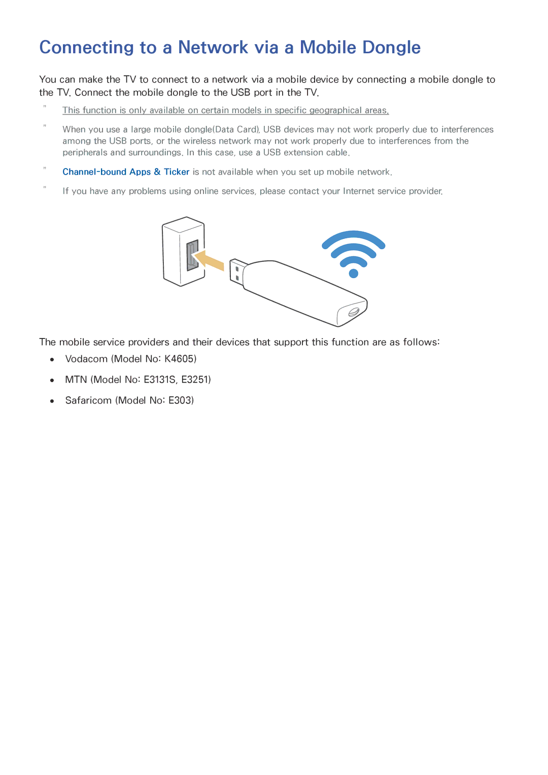 Samsung UE65JU7500TXTK, UE40JU6495UXZG, UE48JU6495UXZG, UE48JU6490UXZG manual Connecting to a Network via a Mobile Dongle 