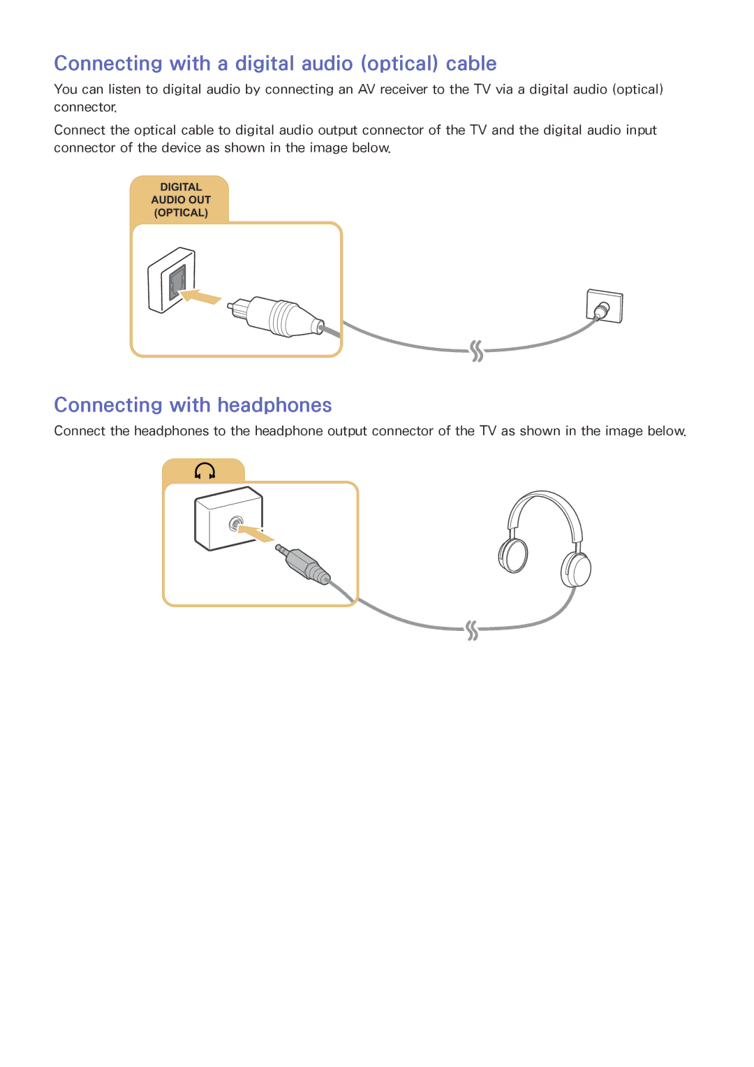 Samsung UE40JU6640UXZG, UE40JU6495UXZG manual Connecting with a digital audio optical cable, Connecting with headphones 