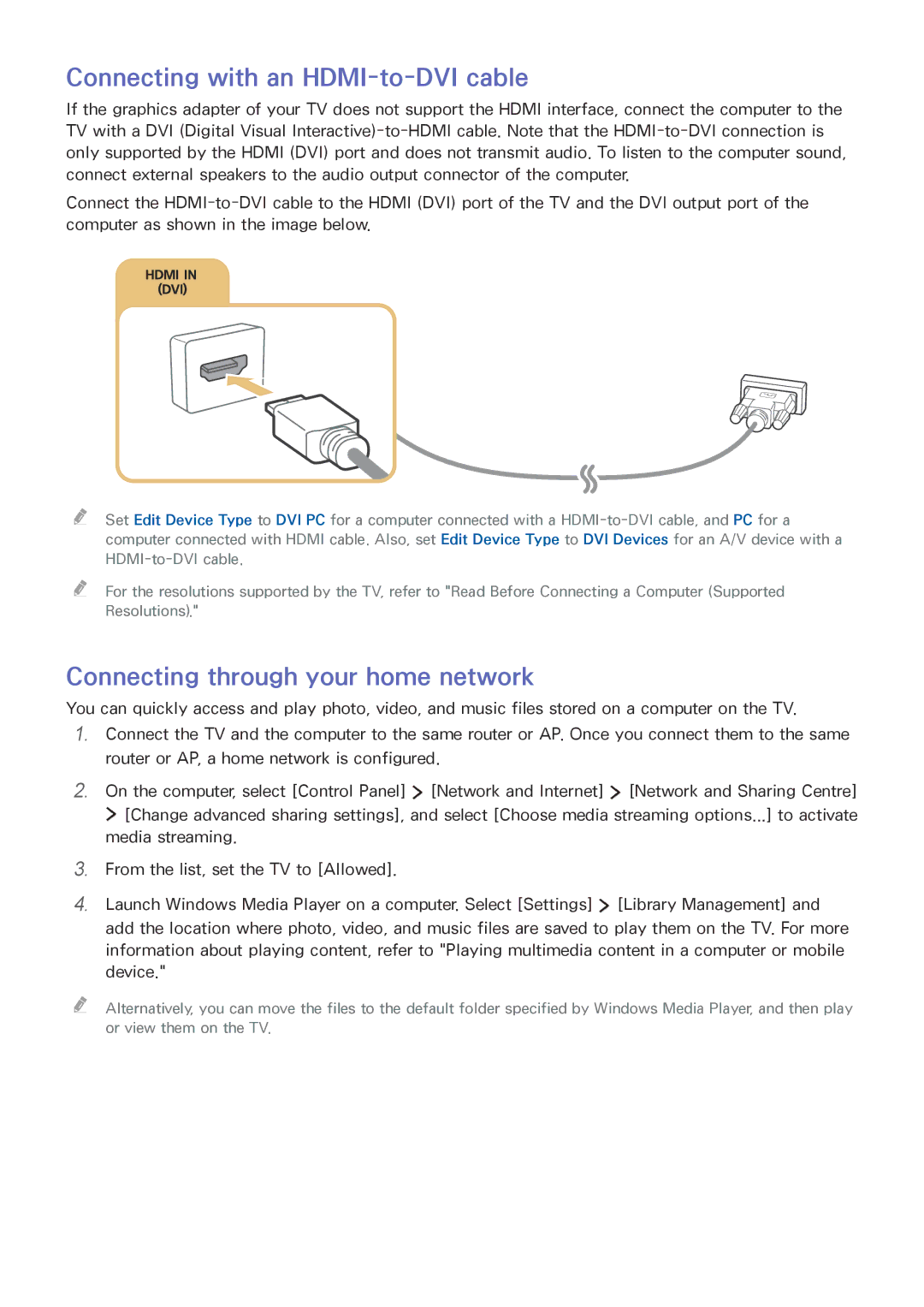 Samsung UE48JS8500TXXC, UE40JU6495UXZG manual Connecting with an HDMI-to-DVI cable, Connecting through your home network 