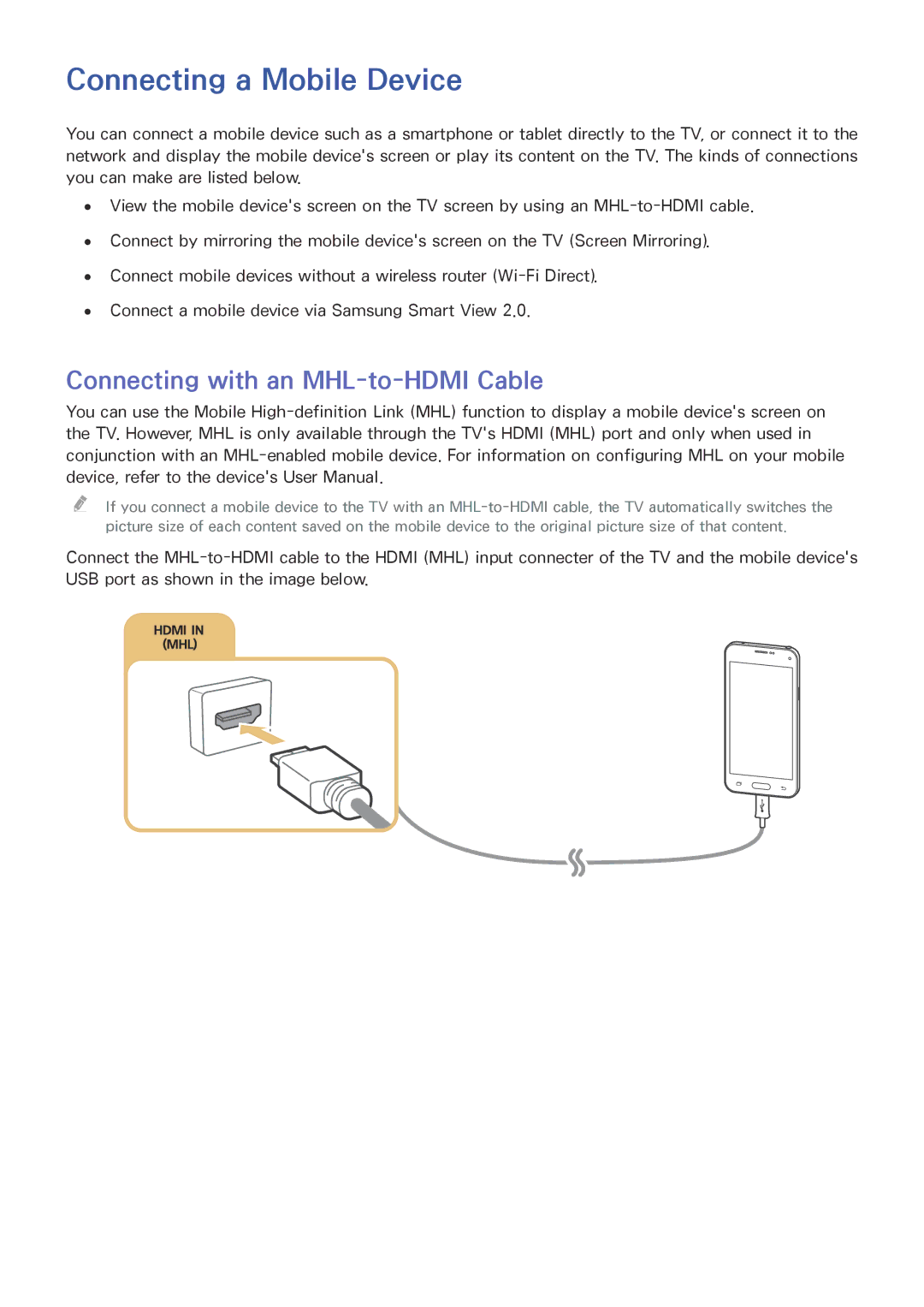 Samsung UE55JU6495UXZG, UE40JU6495UXZG, UE48JU6495UXZG Connecting a Mobile Device, Connecting with an MHL-to-HDMI Cable 