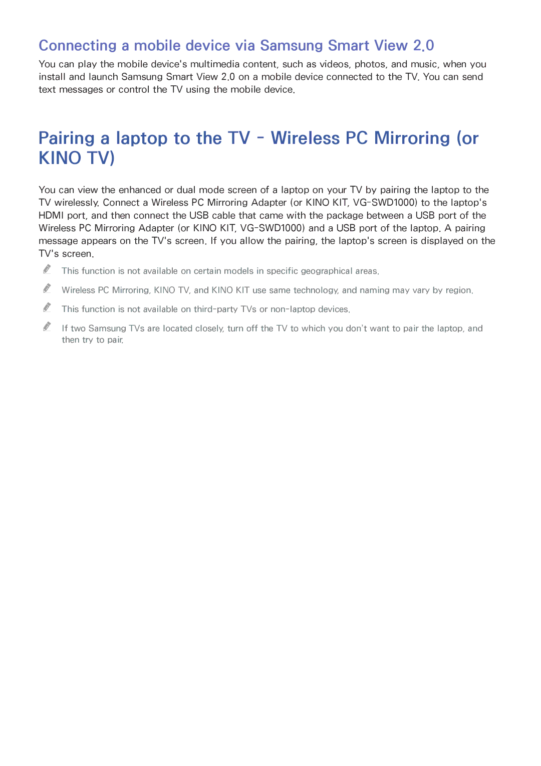 Samsung UE50JU6450UXZG, UE40JU6495UXZG, UE48JU6495UXZG, UE48JU6490UXZG Pairing a laptop to the TV Wireless PC Mirroring or 