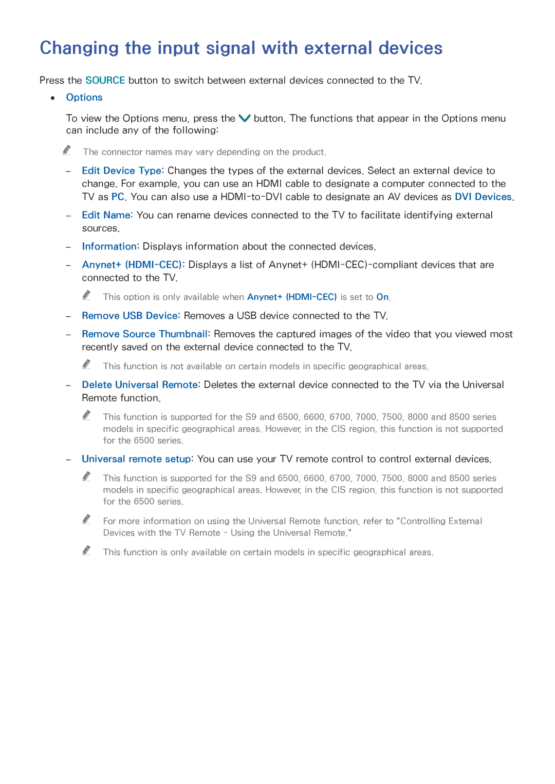 Samsung UE55JU6050UXZG, UE40JU6495UXZG, UE48JU6495UXZG, UE40S9ASXXH Changing the input signal with external devices, Options 