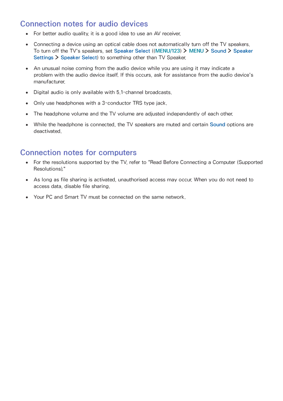 Samsung UE55JU6480UXZG, UE40JU6495UXZG, UE48JU6495UXZG Connection notes for audio devices, Connection notes for computers 