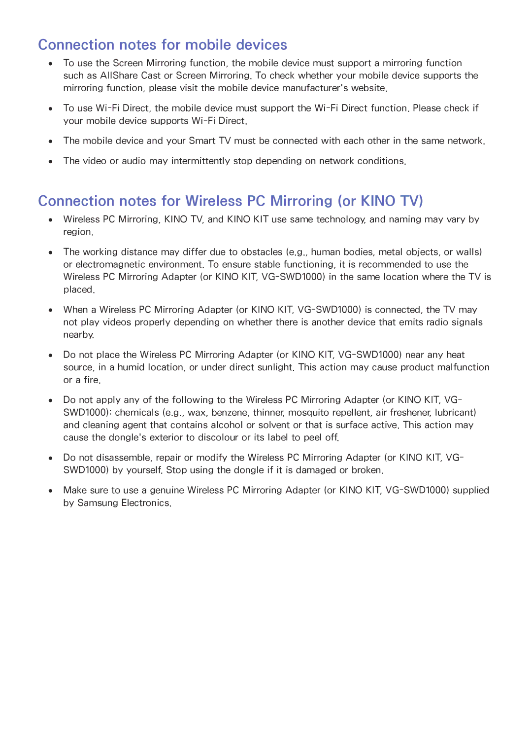 Samsung UE55JU6485UXZG manual Connection notes for mobile devices, Connection notes for Wireless PC Mirroring or Kino TV 