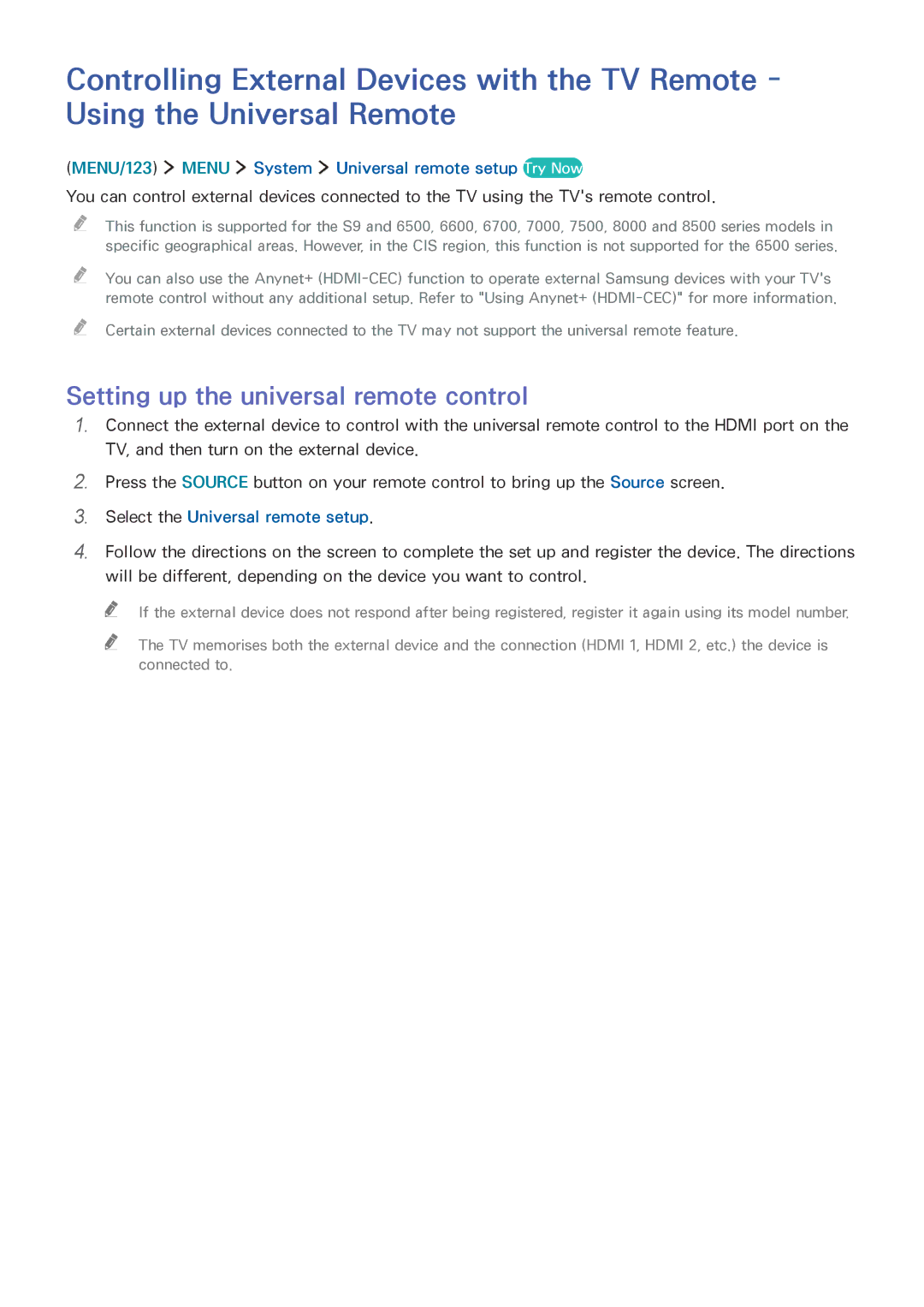 Samsung UE40JU6610UXTK manual Setting up the universal remote control, MENU/123 Menu System Universal remote setup Try Now 