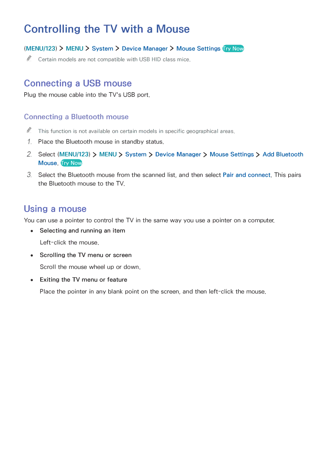 Samsung UE60JU6800WXXH, UE40JU6495UXZG, UE40S9ASXXH Controlling the TV with a Mouse, Connecting a USB mouse, Using a mouse 