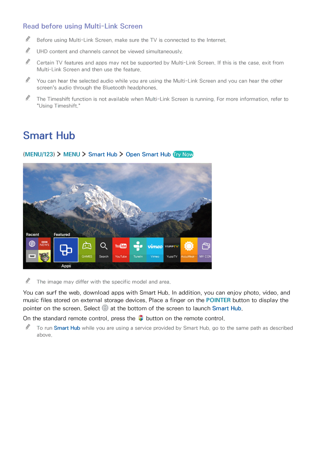 Samsung UE55JU7590TXZG manual Read before using Multi-Link Screen, MENU/123 Menu Smart Hub Open Smart Hub Try Now 