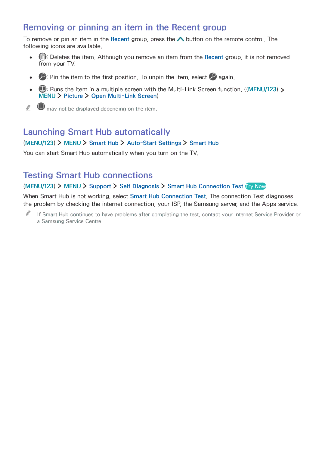 Samsung UE55JU6800KXXC, UE40JU6495UXZG Removing or pinning an item in the Recent group, Launching Smart Hub automatically 