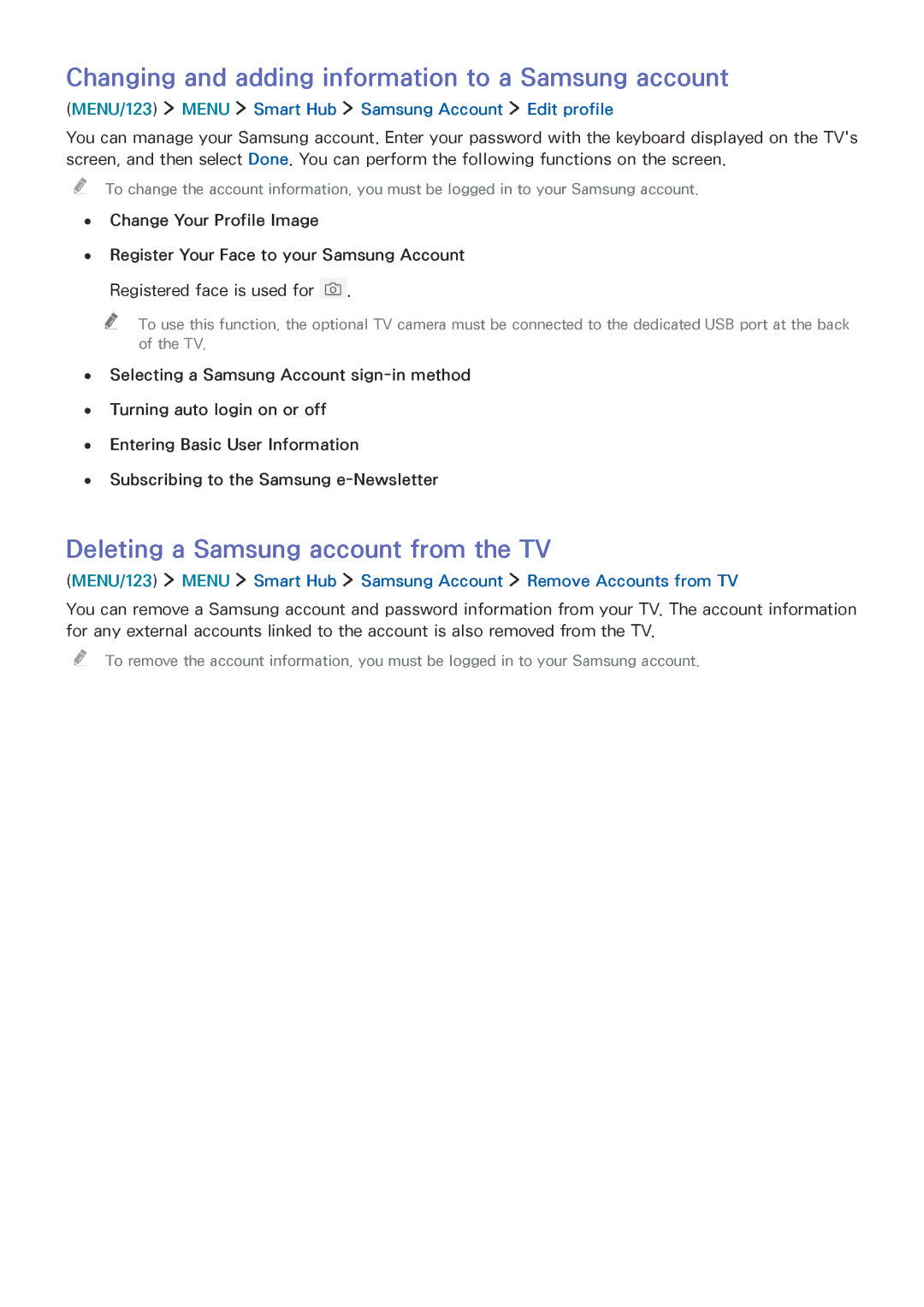 Samsung UE65JS8590TXZG manual Changing and adding information to a Samsung account, Deleting a Samsung account from the TV 