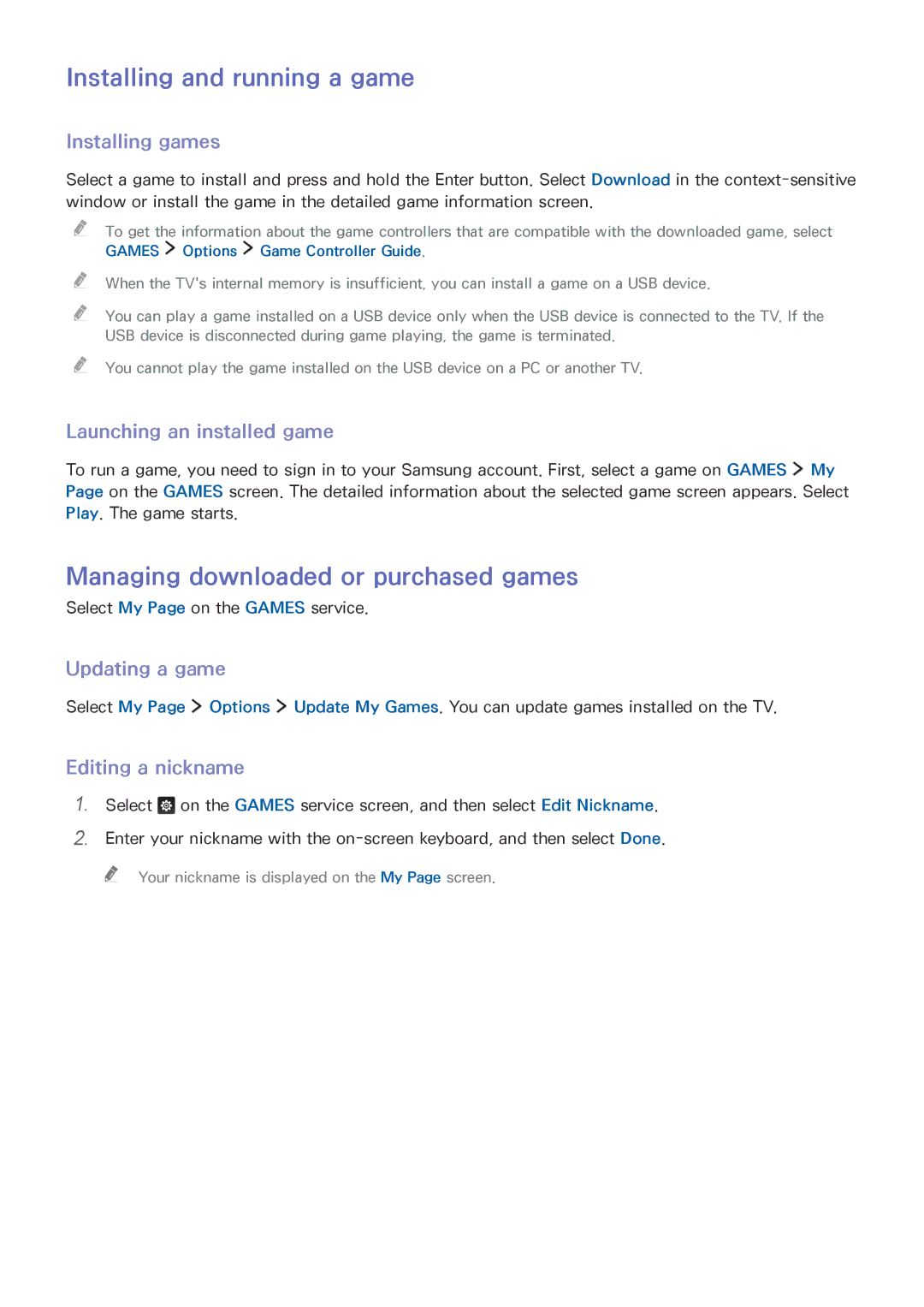 Samsung UE40JU6410UXXC, UE40JU6495UXZG, UE40S9ASXXH Installing and running a game, Managing downloaded or purchased games 