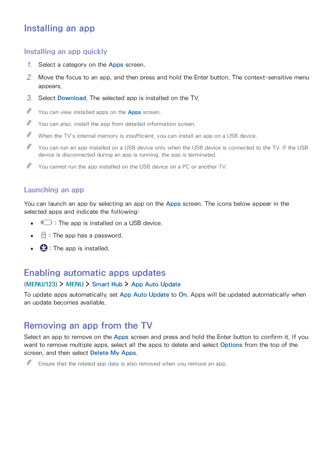 Samsung UE40JU7000LXXH Installing an app, Enabling automatic apps updates, Removing an app from the TV, Launching an app 