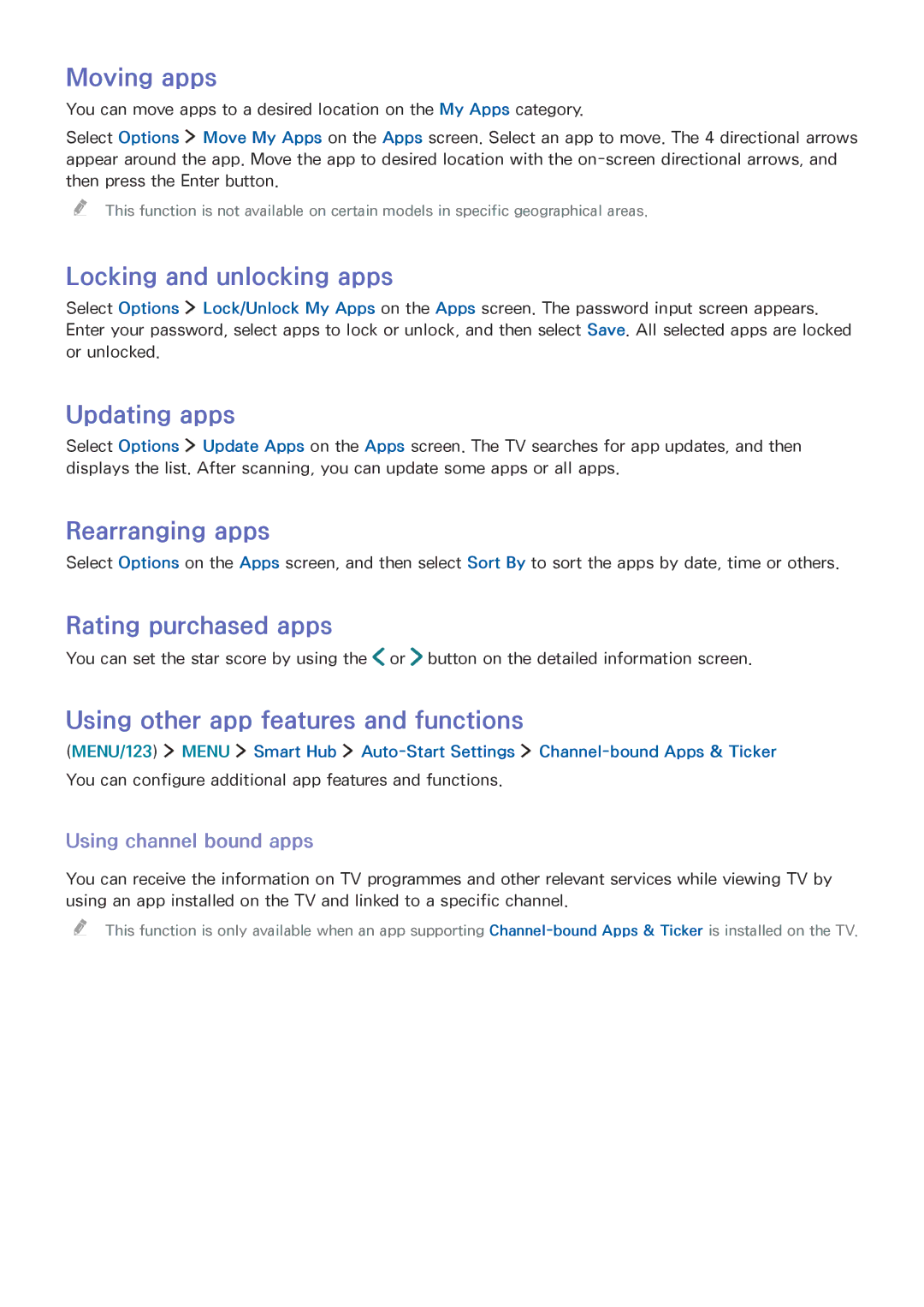 Samsung UE55JS8000LXXH Moving apps, Locking and unlocking apps, Updating apps, Rearranging apps, Rating purchased apps 