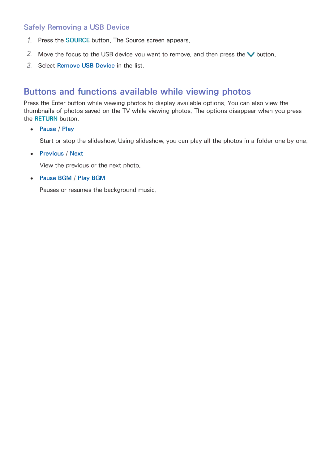 Samsung UE48JU6640UXZG Buttons and functions available while viewing photos, Safely Removing a USB Device, Pause / Play 