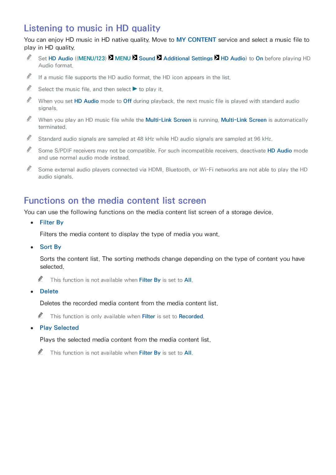 Samsung UE48JU6770UXZG, UE40JU6495UXZG manual Listening to music in HD quality, Functions on the media content list screen 