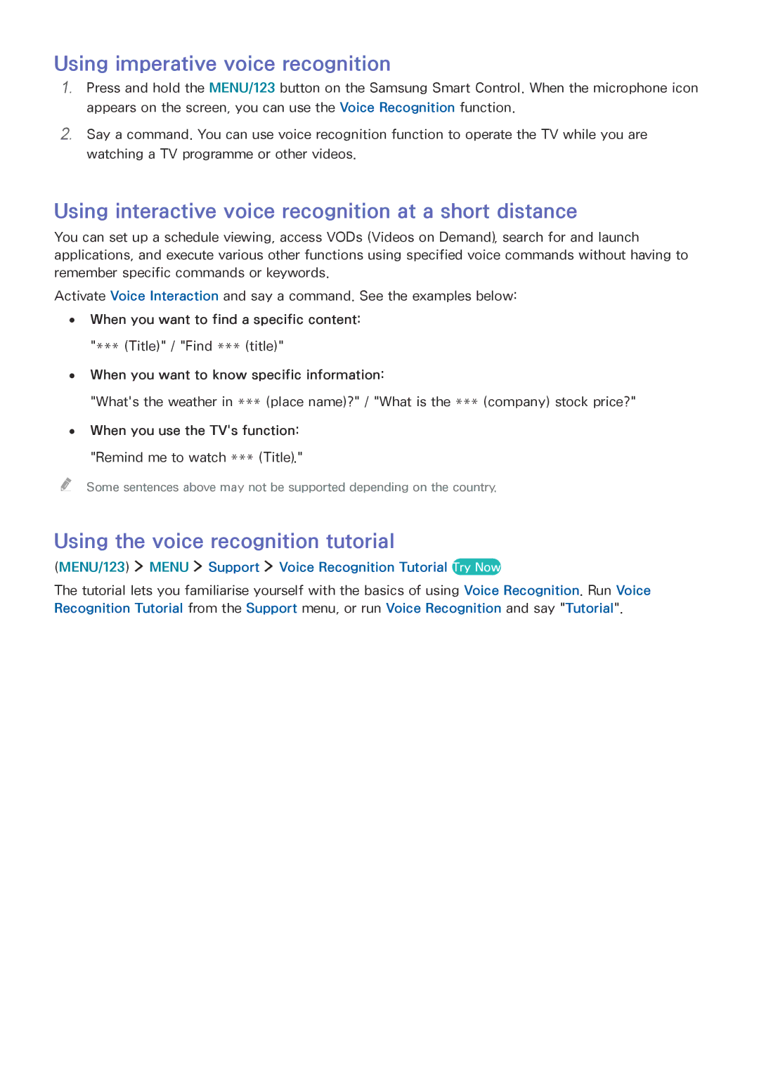 Samsung UE65JU6470UXZG manual Using imperative voice recognition, Using interactive voice recognition at a short distance 