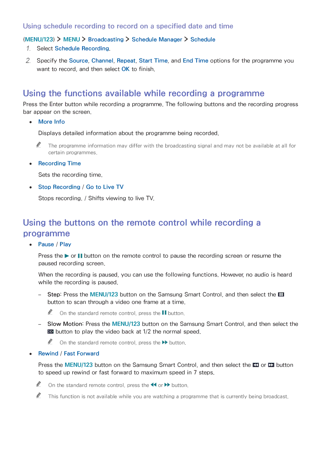 Samsung UE40JU6070UXTK, UE40S9ASXXH Using the functions available while recording a programme, More Info, Recording Time 