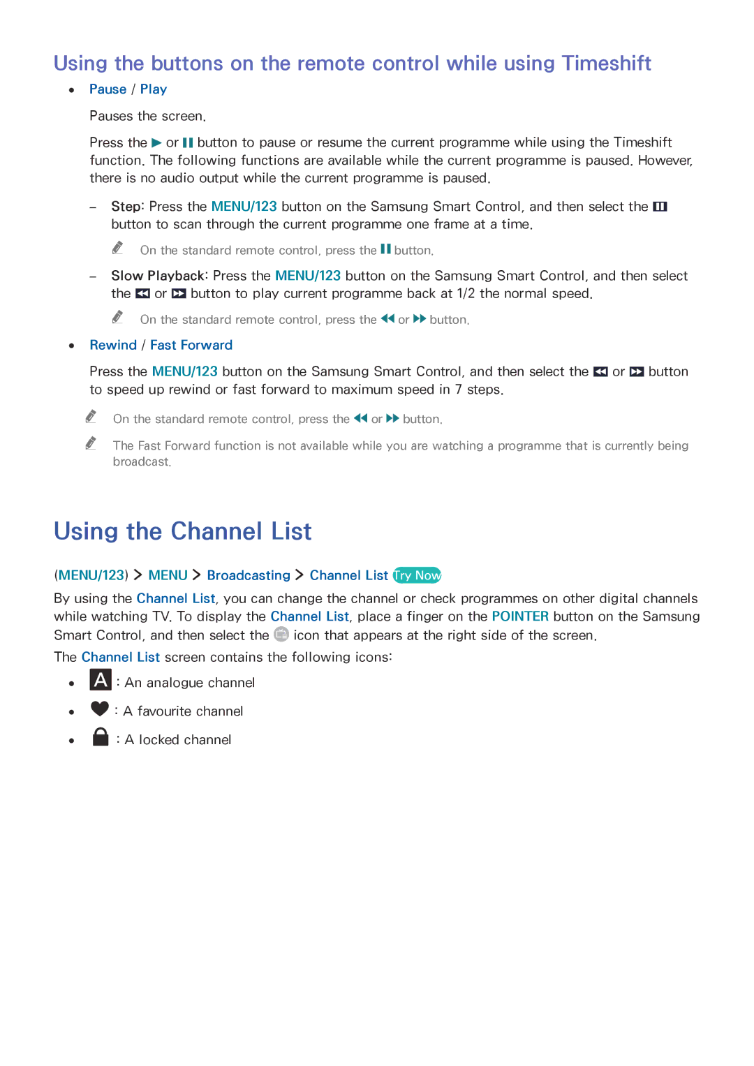 Samsung UE48JU6450UXZG, UE40JU6495UXZG, UE40S9ASXXH Using the Channel List, MENU/123 Menu Broadcasting Channel List Try Now 