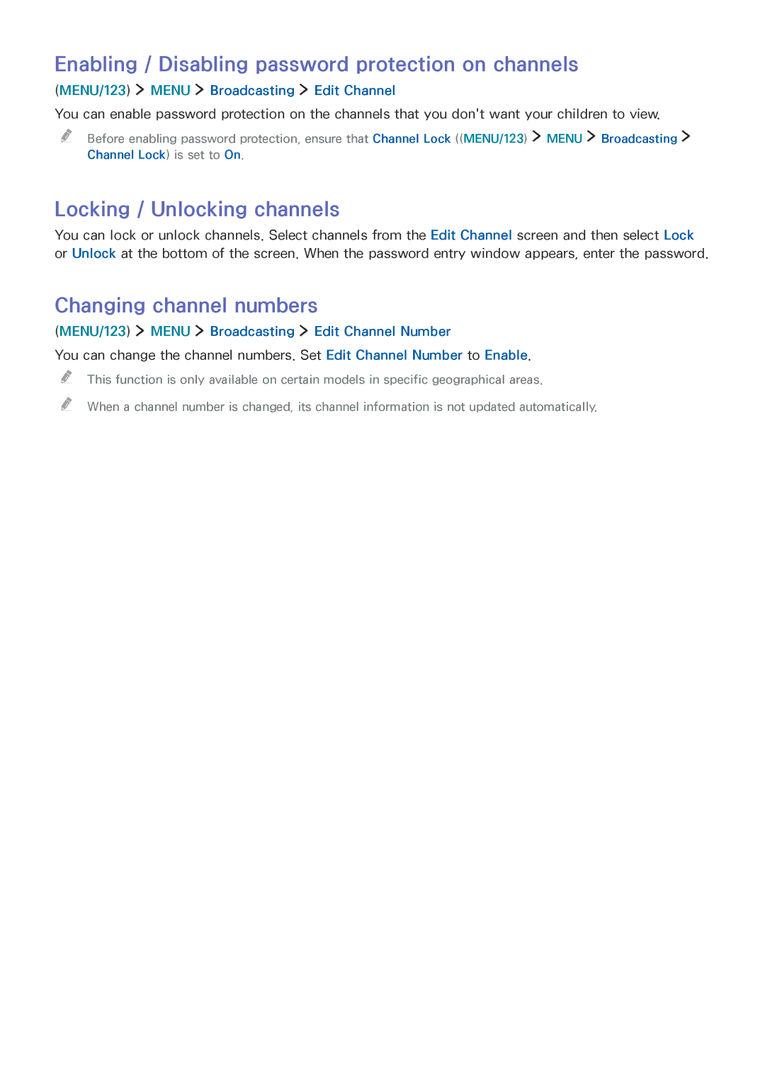 Samsung UE55JU6450UXZG, UE40JU6495UXZG Enabling / Disabling password protection on channels, Locking / Unlocking channels 