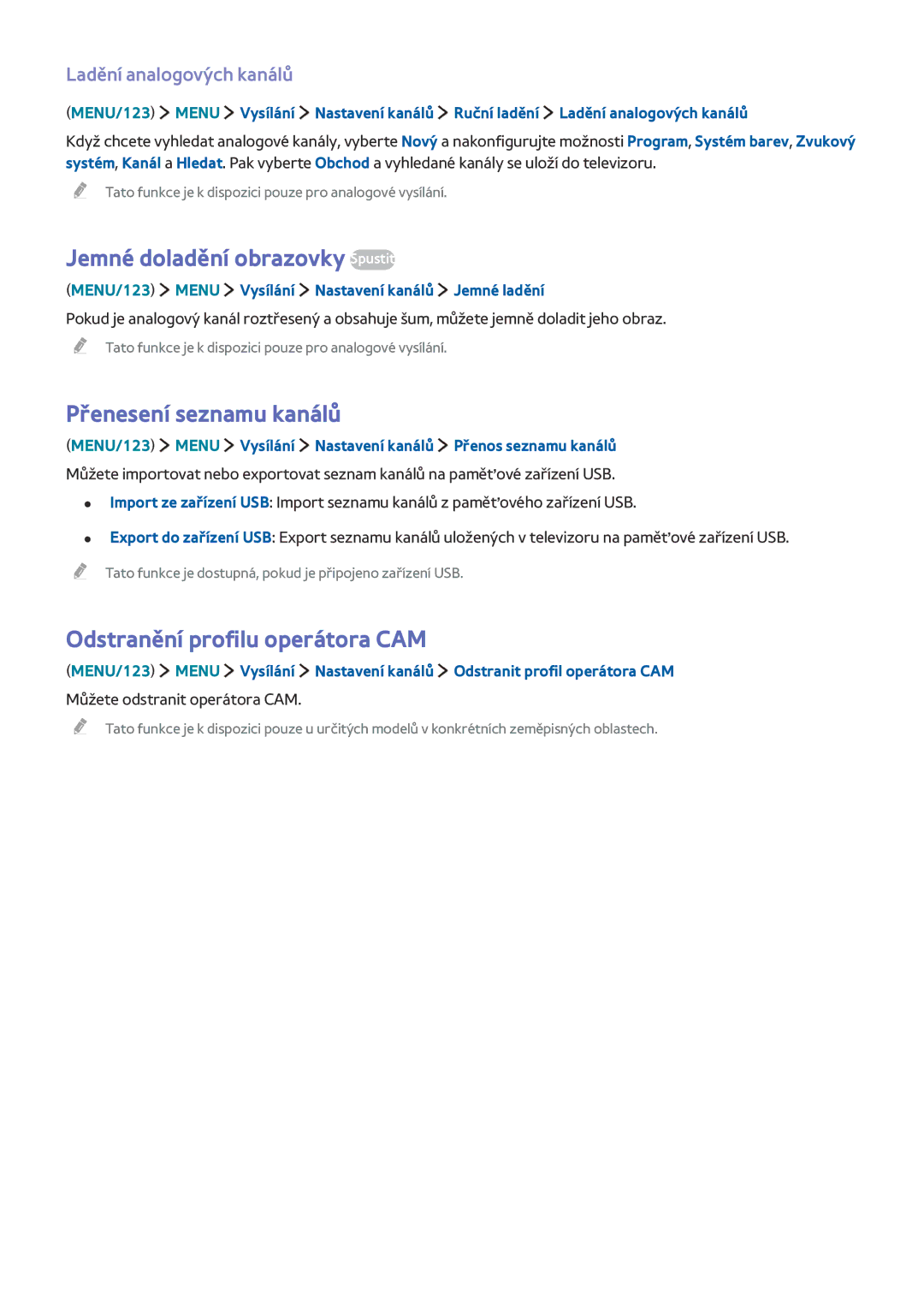Samsung UE48JU6480UXZG manual Jemné doladění obrazovky Spustit, Přenesení seznamu kanálů, Odstranění profilu operátora CAM 