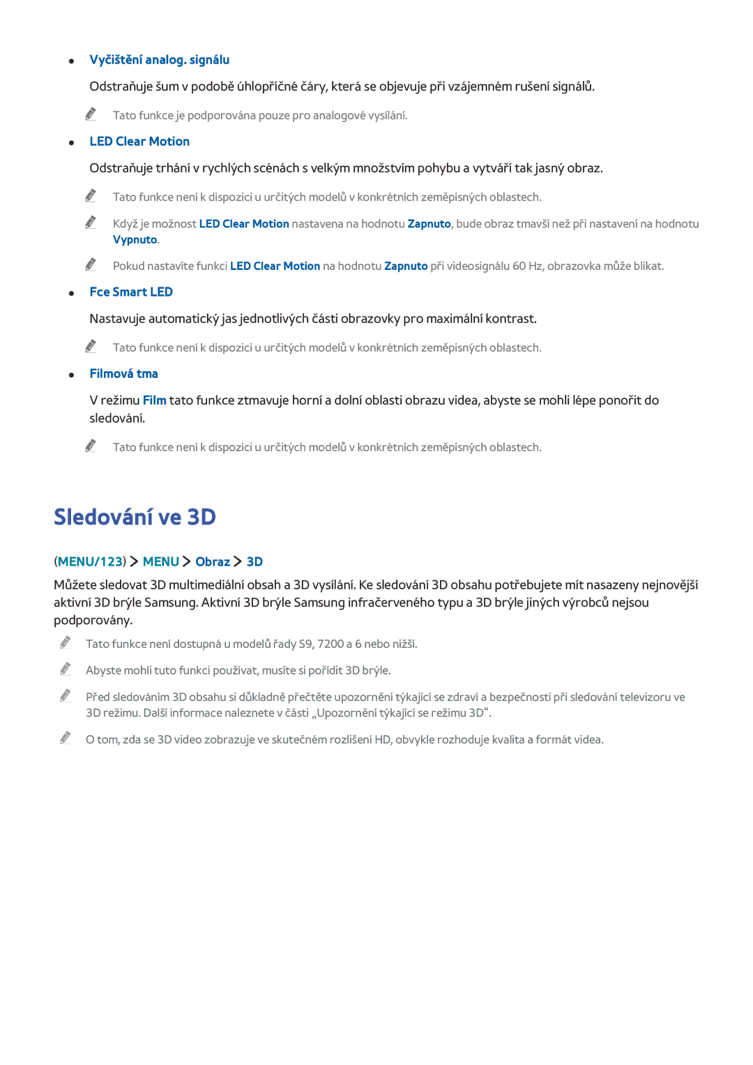 Samsung UE55JU6640UXZG manual Sledování ve 3D, Vyčištění analog. signálu, LED Clear Motion, Fce Smart LED, Filmová tma 