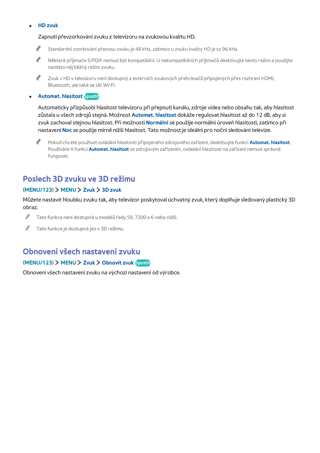 Samsung UE55JU6060KXXC Poslech 3D zvuku ve 3D režimu, Obnovení všech nastavení zvuku, HD zvuk, Automat. hlasitost Spustit 